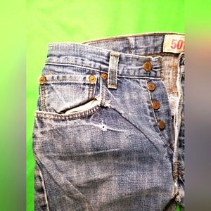 Distressed Torn Tattered Levi Original Fit 501 W31 L30 Button Fly Denim Jeans
